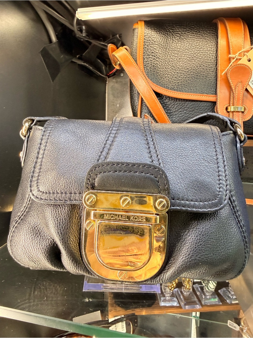 Michael Kors Black Leather Crossbody with Gold Lock mini